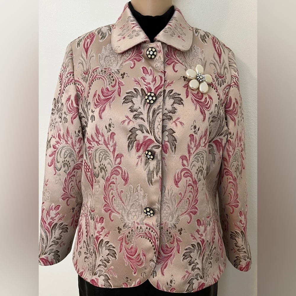 Liz Claiborne-90s Vtg, Rayon, Beige/Pink, Embroidered, Brooch, Jacket. Size-L